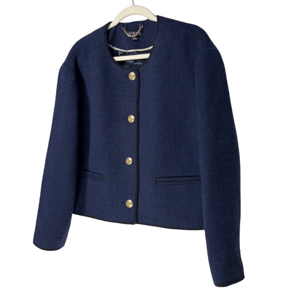 J.Crew Jackets & Blazers - J.Crew Lady Bomber Jacket Maritime Bouclé Tweed Wool Navy Gold Buttons Sz 18 EUC